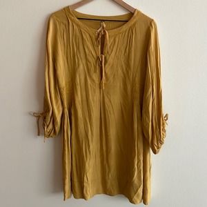 Free People Boho Hippy Festival Renaissance Mini Shirt Dress in Mustard Yellow